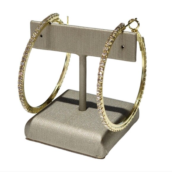 Bohemian Style Gold Plated Round Pave Rhinestone Oversized‎ Hoop Earrings 1.9in - Picture 1 of 16